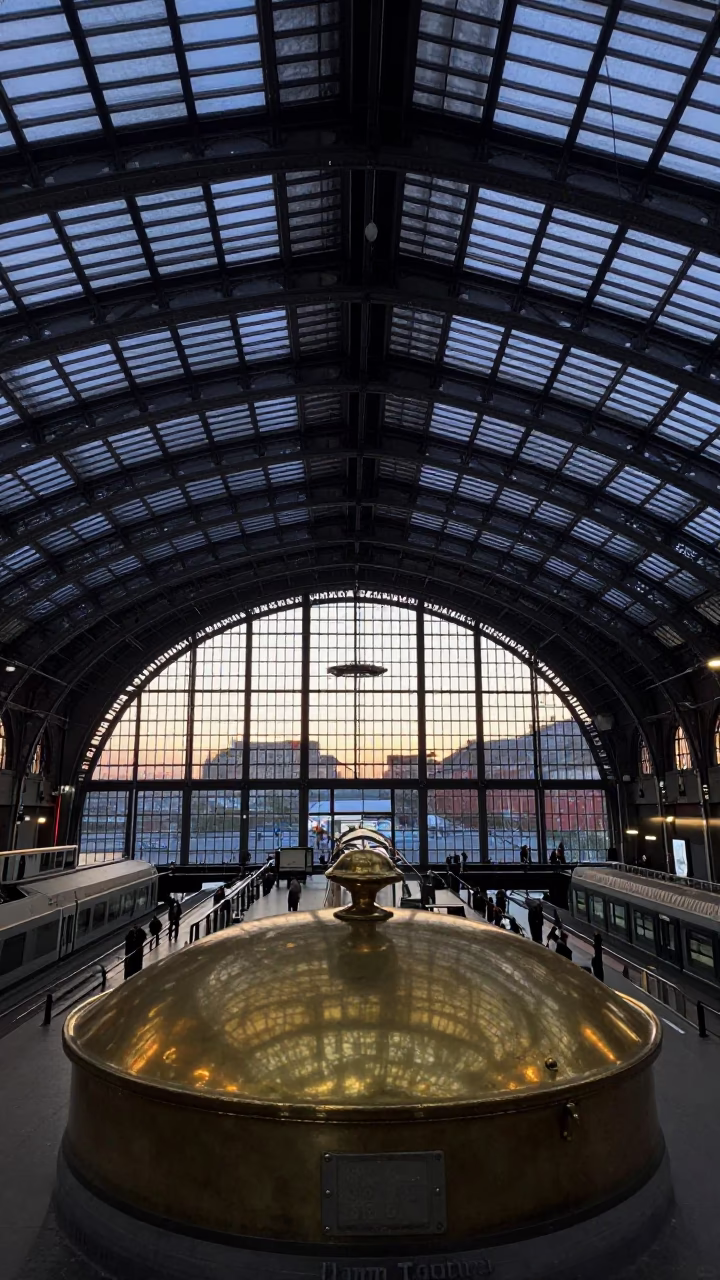 Dawn Light in Amsterdam Train Station with Brass Pot Lid and Hair Comb in in Amsterdam, Netherlands
