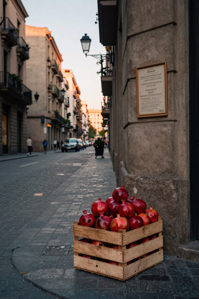 Dawn Light in Barcelona Street Corner with Pomegranate and Vintage Kettle in in Barcelona, Spain