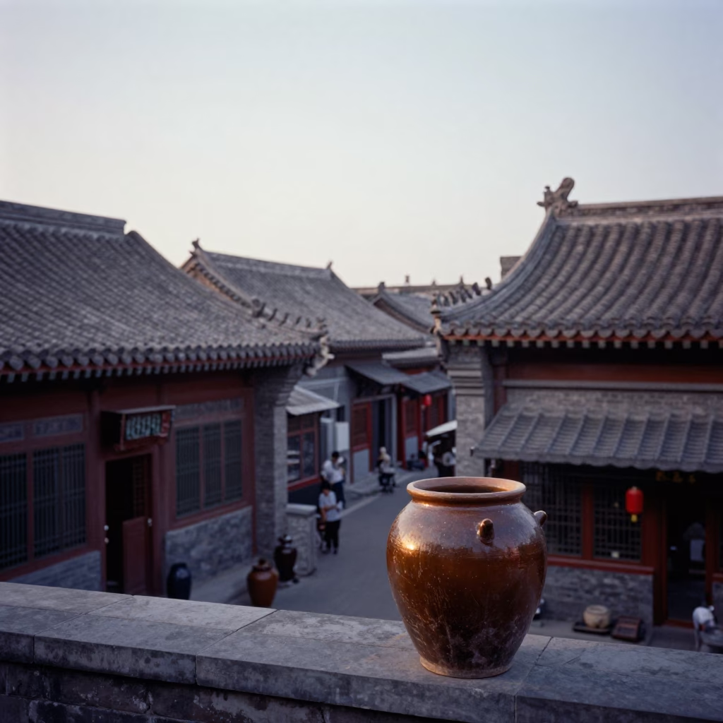 Dawn Light in Beijing Courtyard with Traditional Pottery and Street Life in in Beijing, China