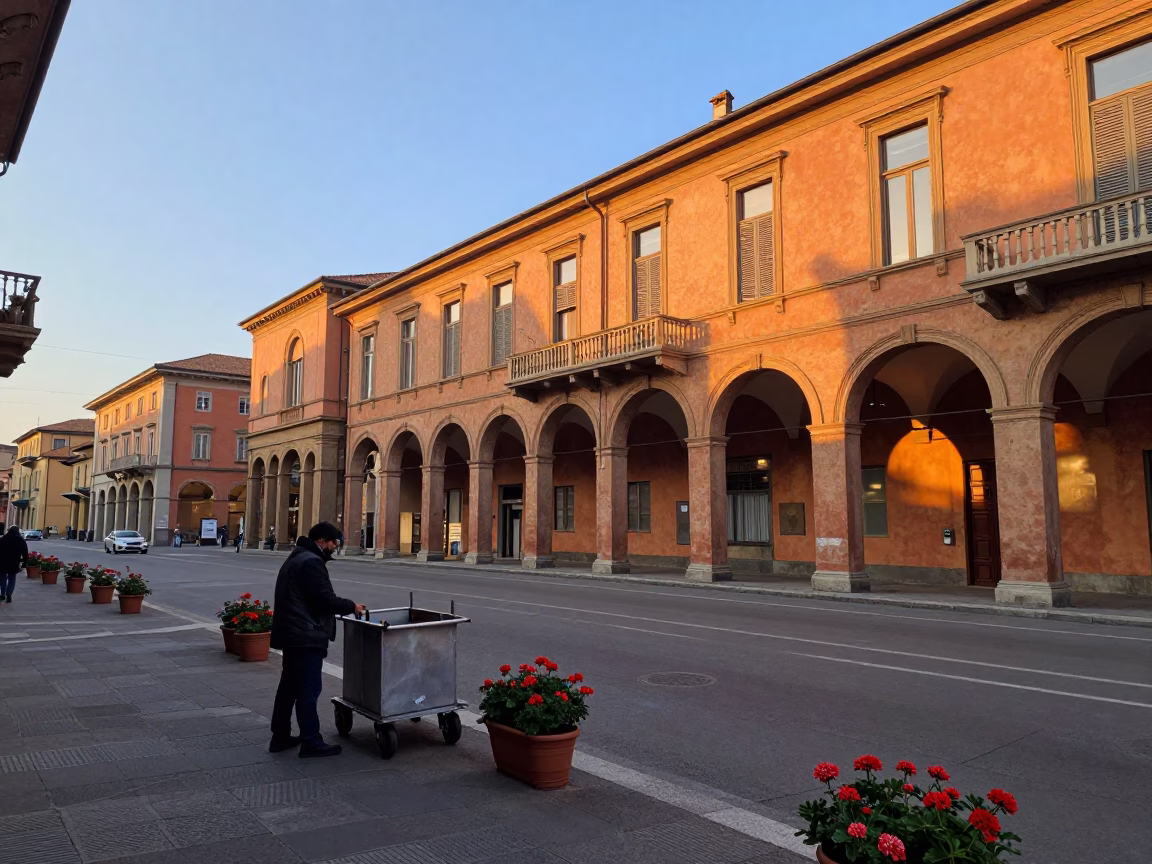 Dawn Light in Bologna Italy with Rolling Carts and Potted Geraniums in in Bologna, Italy