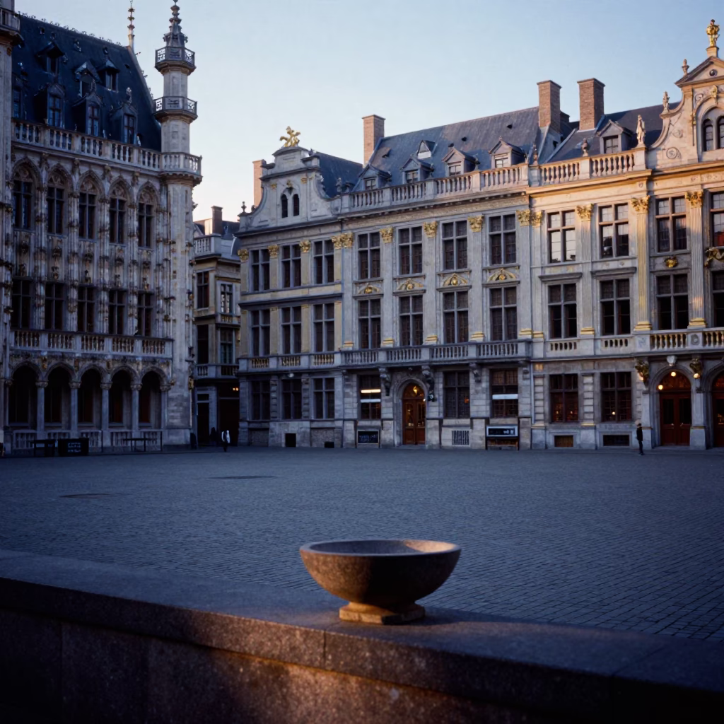 Dawn light in Brussels Belgium historic square with stone architecture and quiet morning street in in Brussels, Belgium