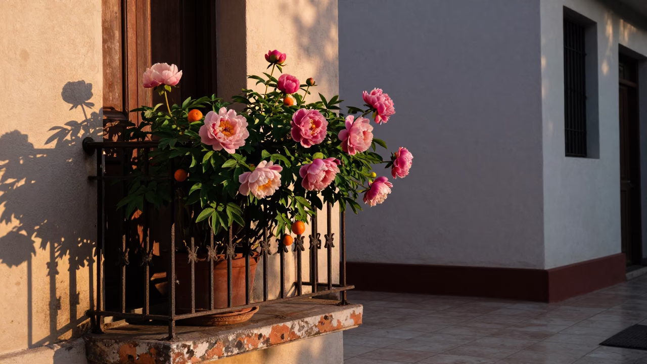 Dawn light in Buenos Aires balcony with peony blooms and oranges in in Buenos Aires, Argentina