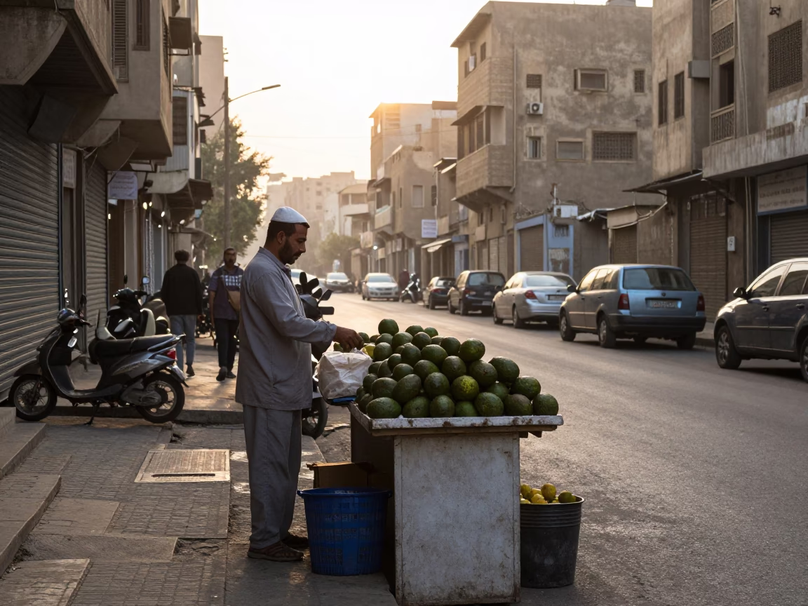 Dawn Light in Cairo Egypt Street Scene with Local Vendor and Avocados in in Cairo, Egypt