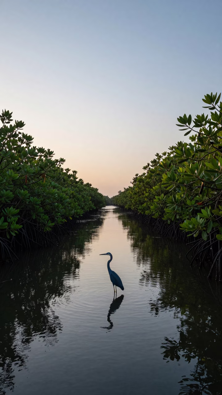 Dawn Light in Cartagena Colombia with Little Blue Heron in Mangrove Channel in in Cartagena, Colombia