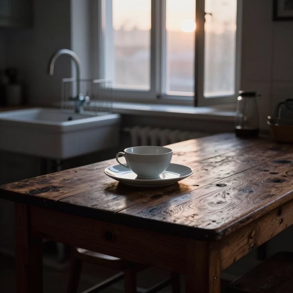 Dawn light in Copenhagen kitchen with wooden table and dish rack in in Copenhagen, Denmark
