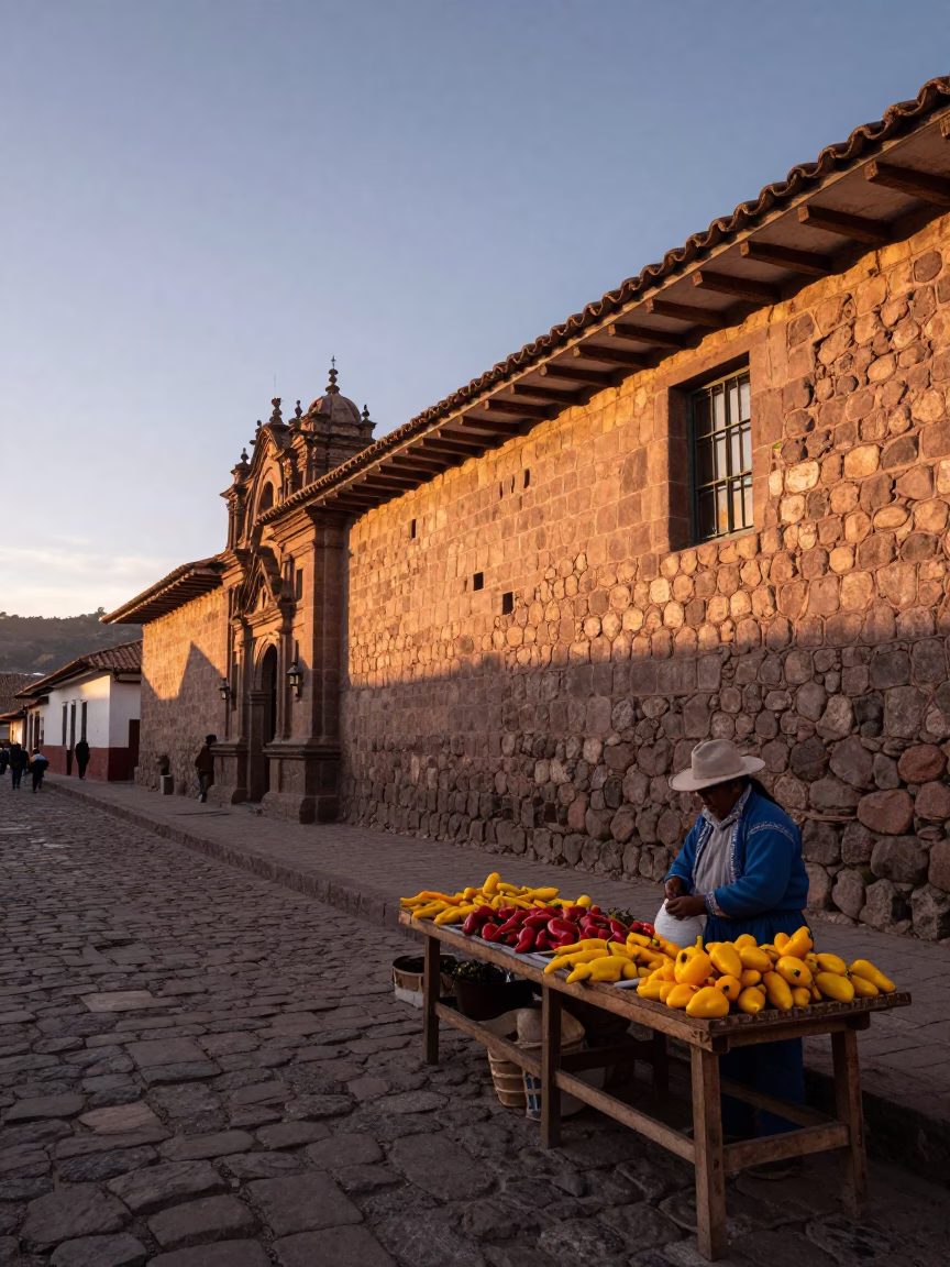 Dawn Light in Cusco Peru Showing Stone Walls and Local Market Activity in in Cusco, Peru