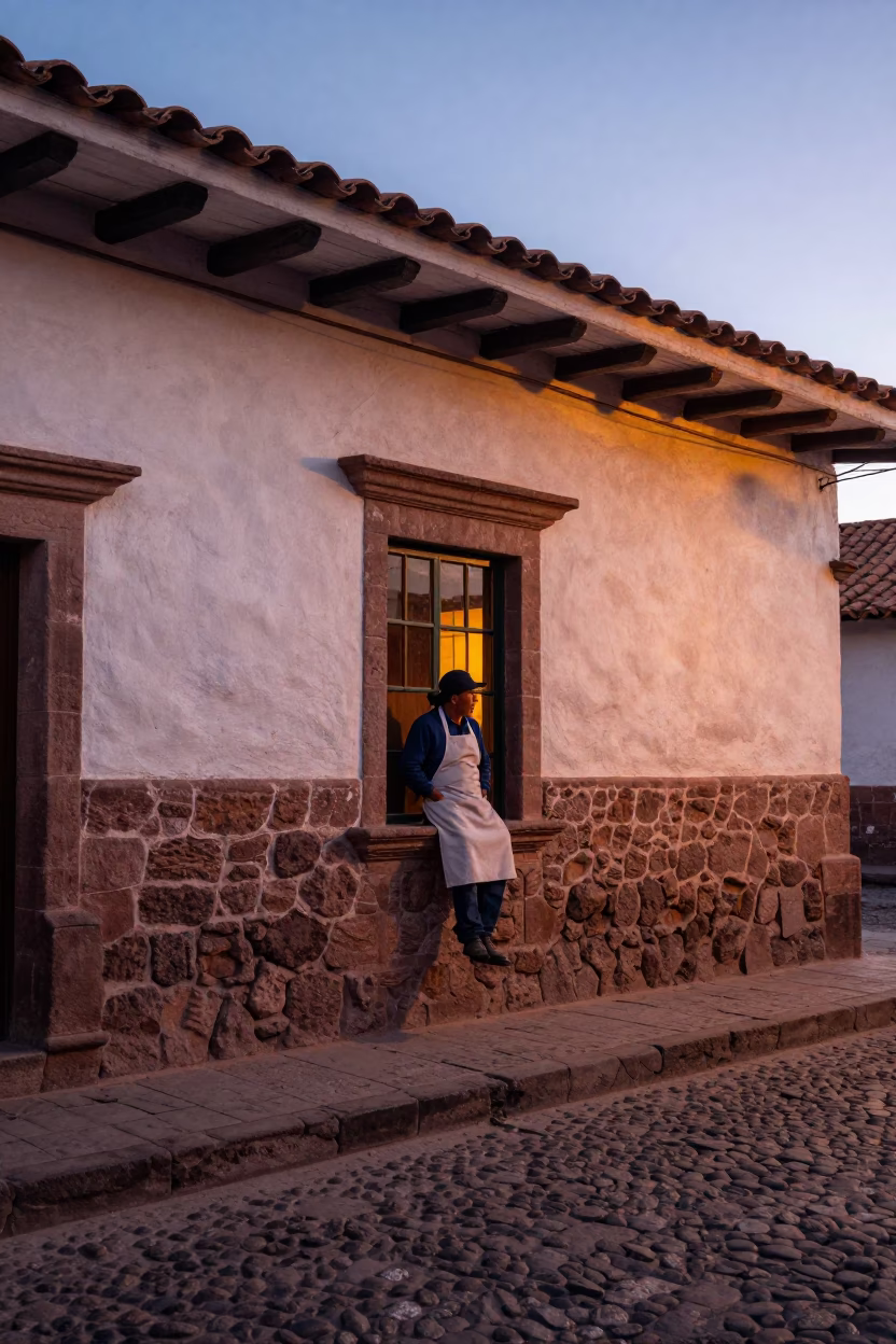 Dawn Light in Cusco Peru Street Scene with Apron and Window in in Cusco, Peru
