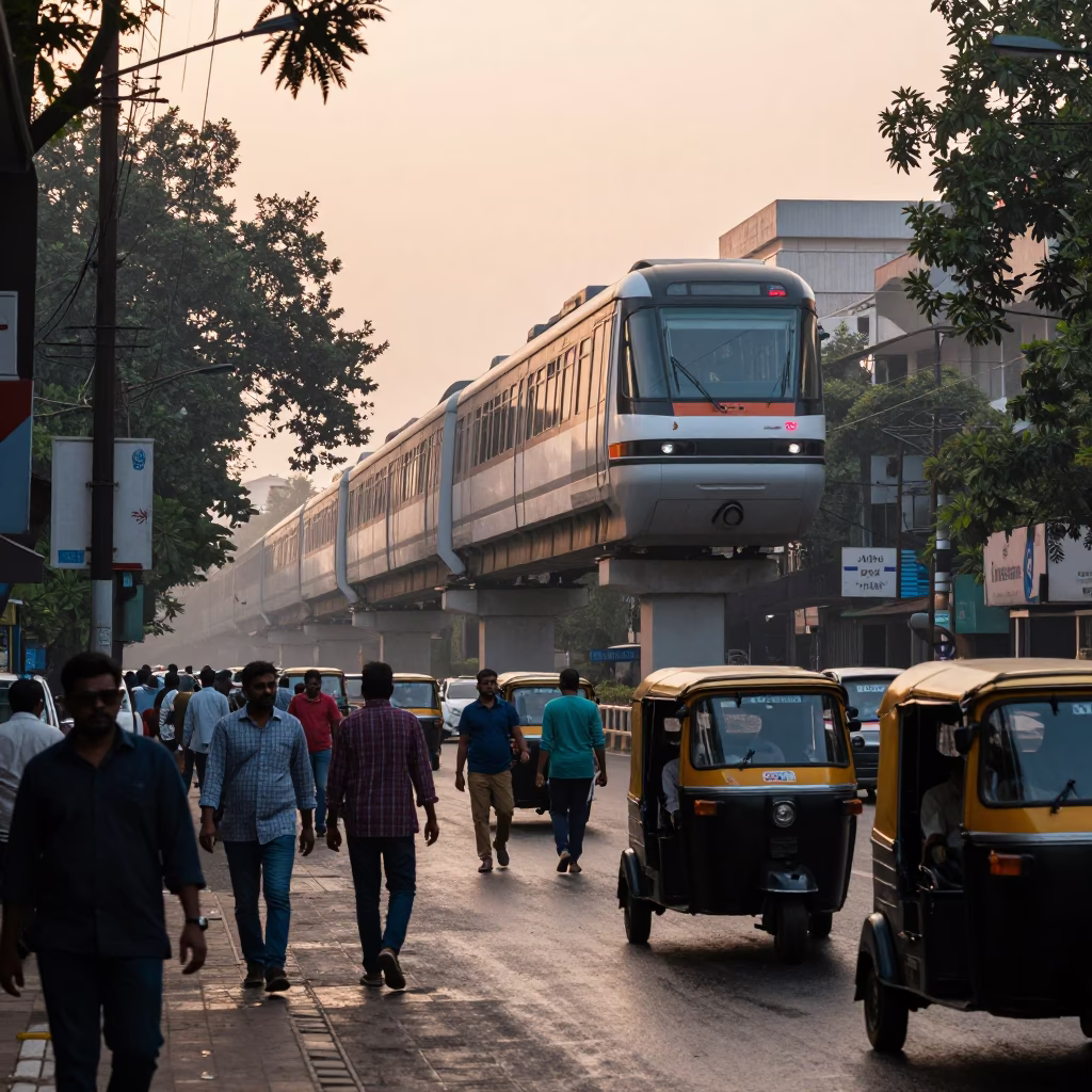 Dawn light in Delhi India street scene with monorail and local morning activity in in Delhi, India