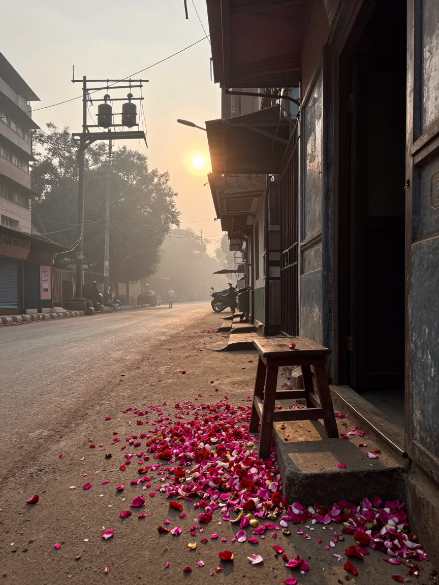 Dawn Light in Delhi India Street Scene with Petals and Substation in in Delhi, India