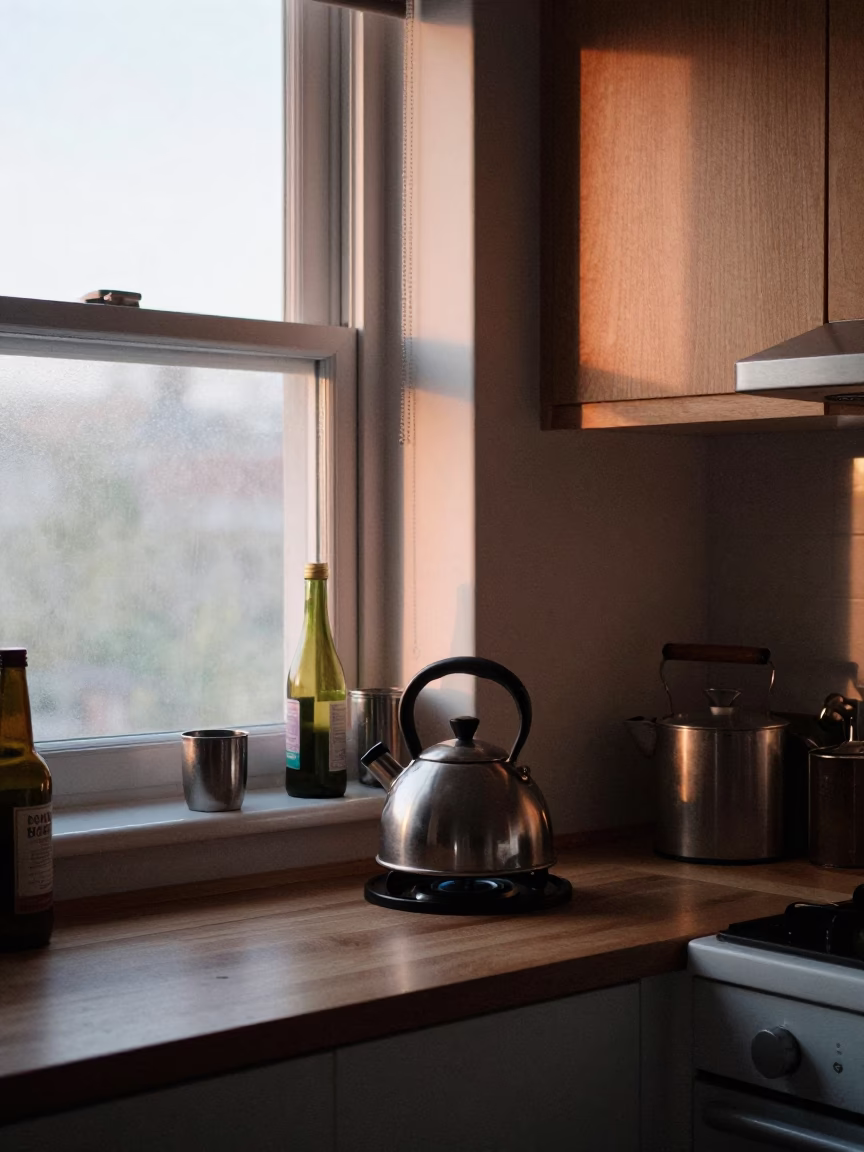 Dawn light in Dublin kitchen with kettle and bottle on counter in in Dublin, Ireland