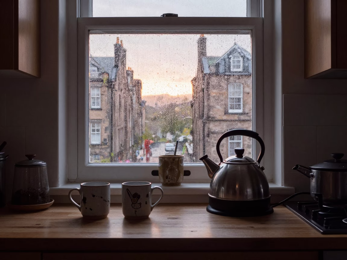 Dawn Light in Edinburgh Kitchen with Ceramic Mugs and Kettle in in Edinburgh, United Kingdom