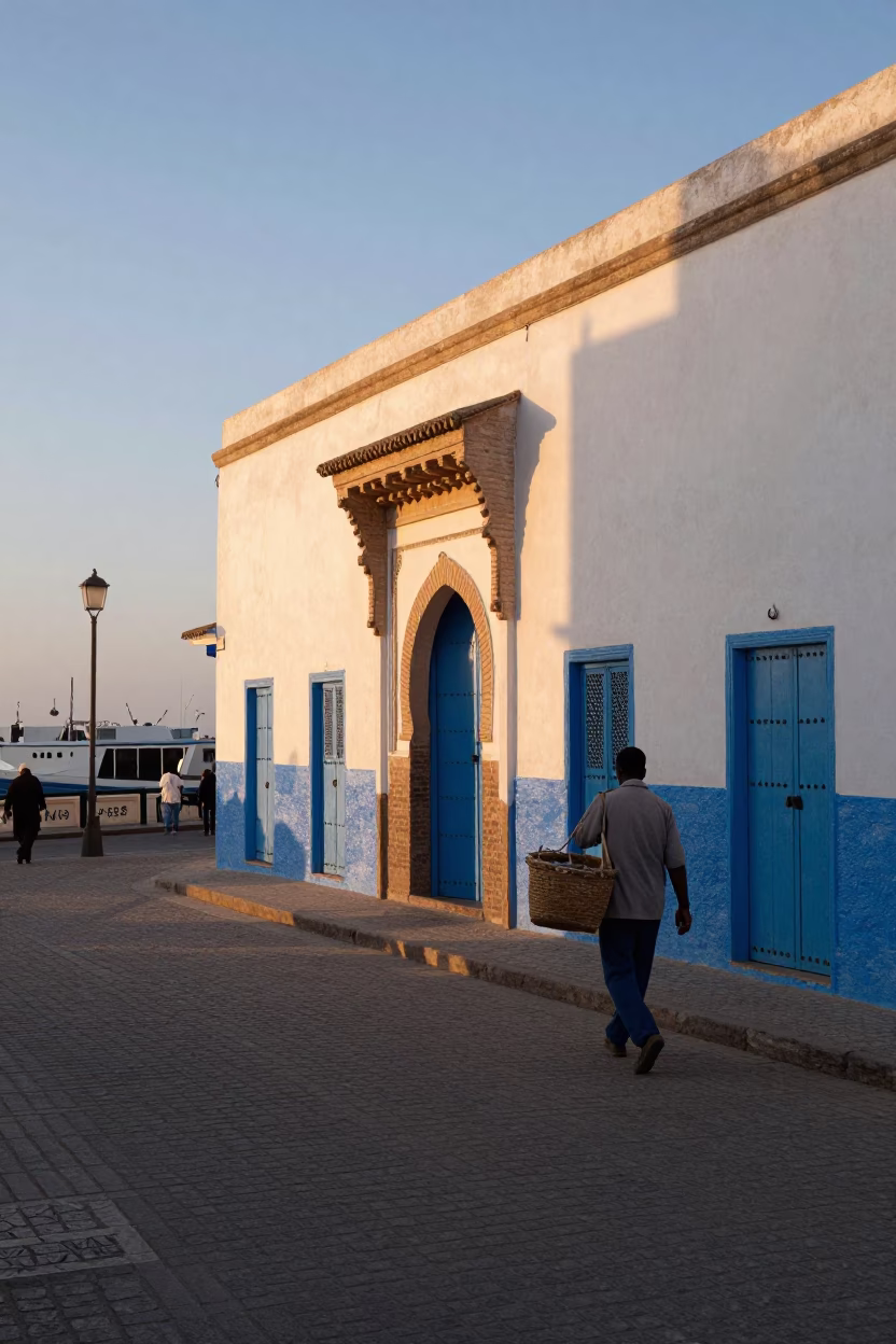 Dawn light in Essaouira Morocco street scene with local details in in Essaouira, Morocco