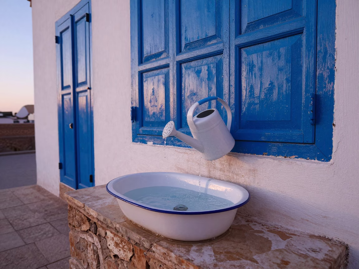 Dawn Light in Essaouira Morocco Washing Basin and Watering Can in in Essaouira, Morocco
