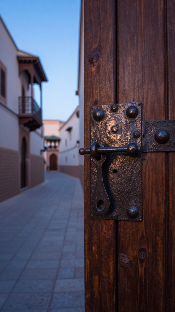 Dawn Light in Fez Medina Iron Deadbolt and Traditional Architecture in in Fez, Morocco