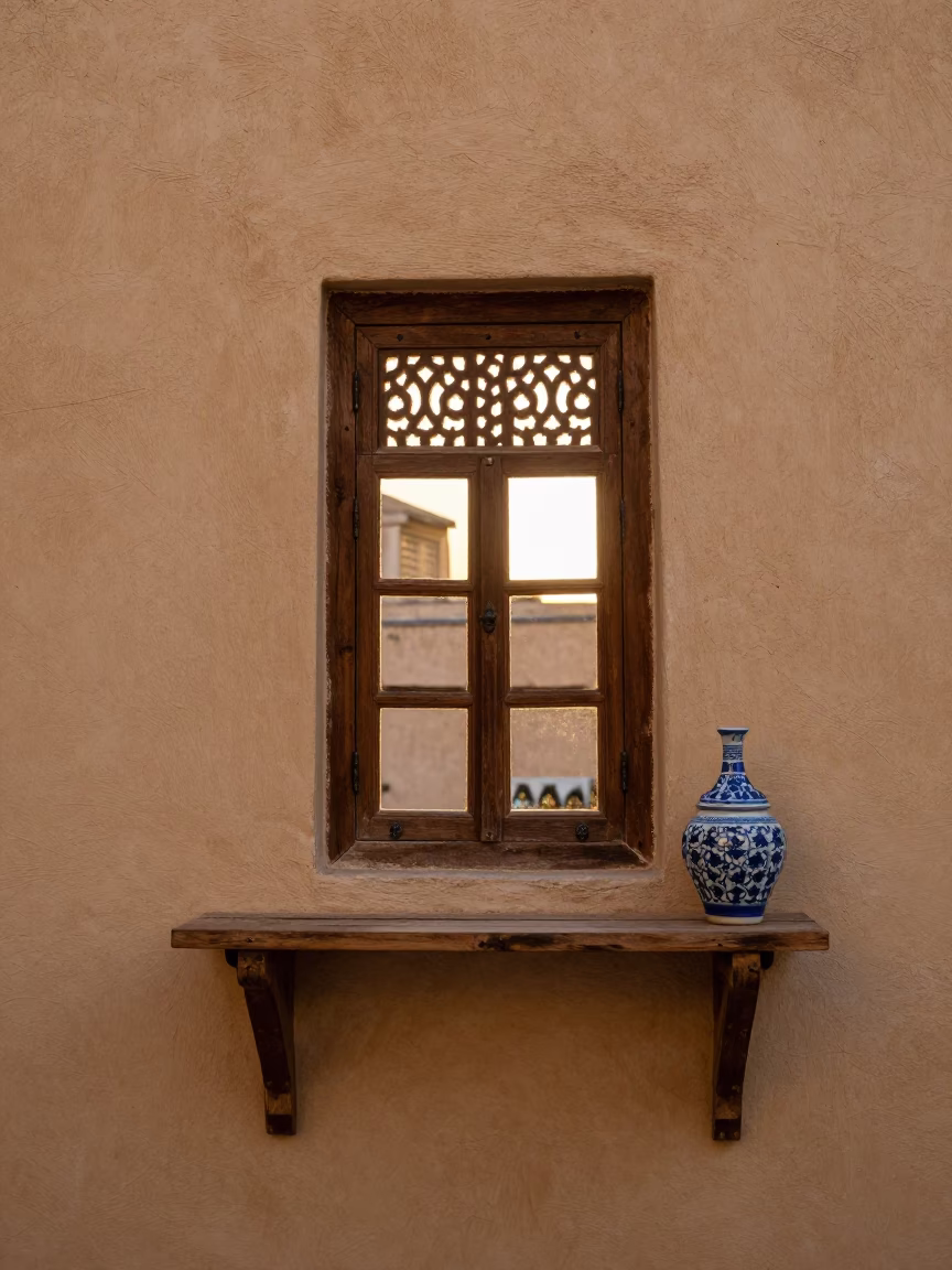 Dawn Light in Fez Medina with Blue Porcelain and Traditional Key Bowl in in Fez, Morocco