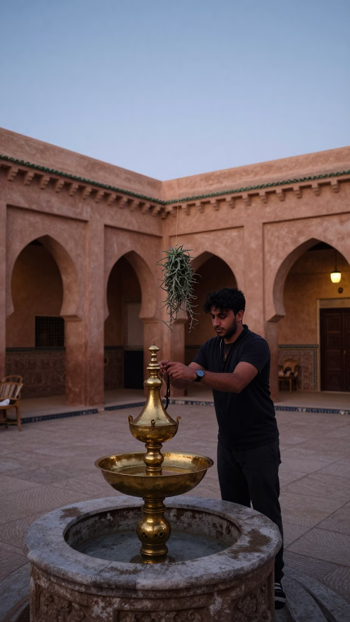 Dawn Light in Fez Morocco Old City Courtyard with Traditional Metalwork and Hanging Plants in in Fez, Morocco