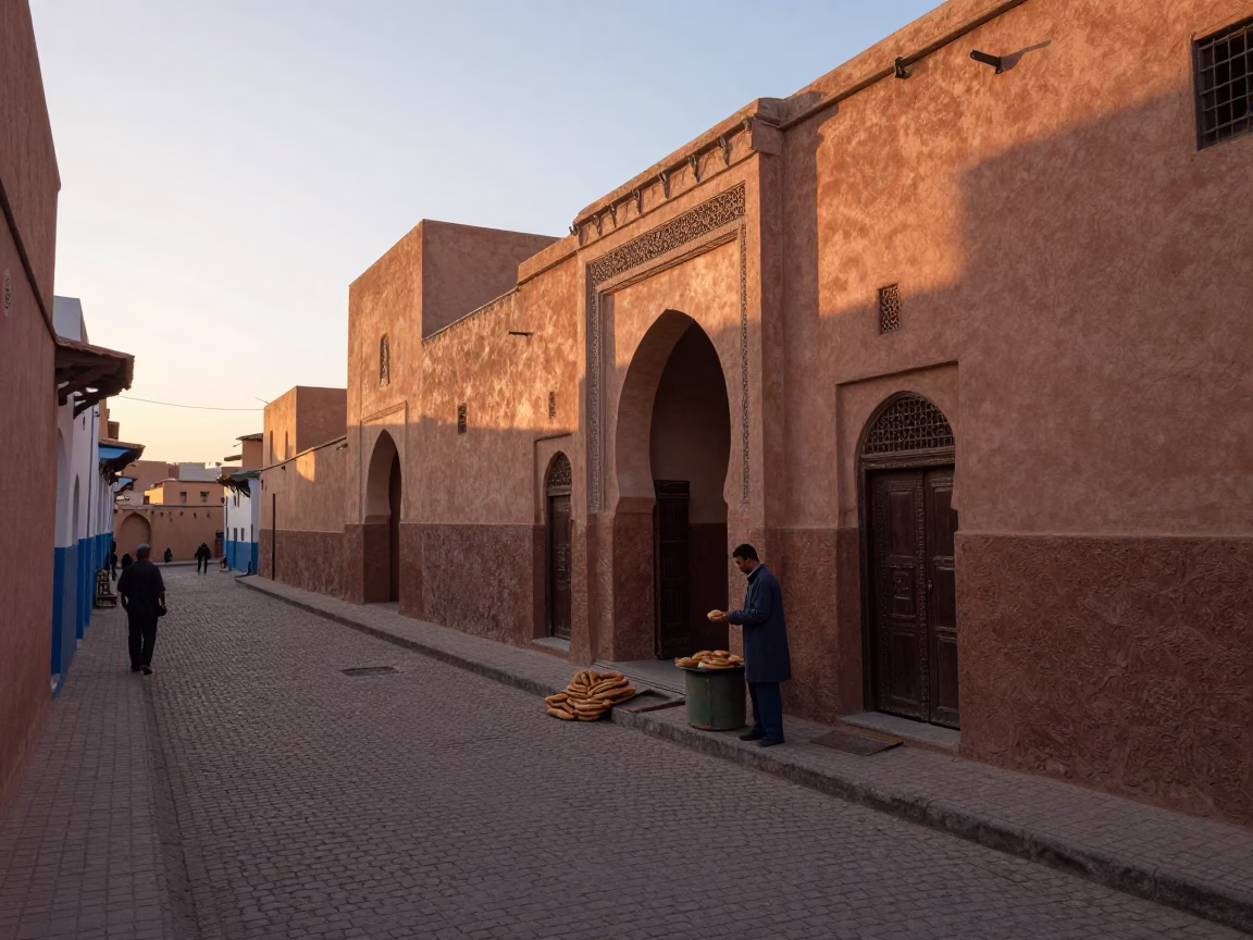 Dawn light in Fez Morocco street scene with traditional bread and tamarind chaat in in Fez, Morocco