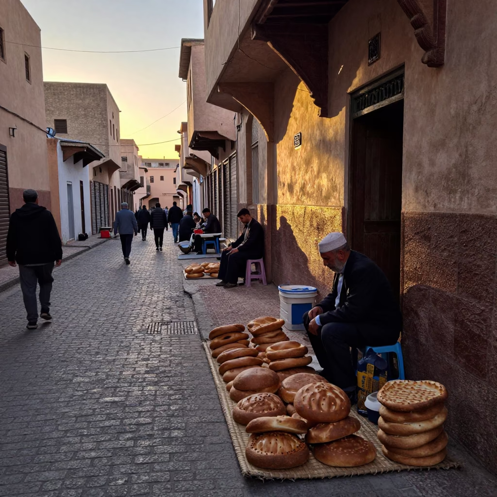 Dawn light in Fez Morocco street scene with traditional bread loaves and artisanal craftsmanship in in Fez, Morocco