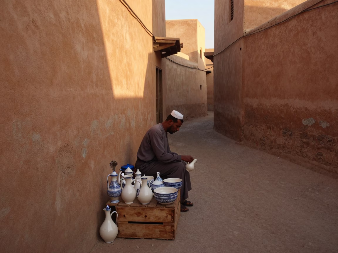 Dawn Light in Fez Morocco Traditional Ceramic Pitcher and Kitchen Utensil Display in in Fez, Morocco