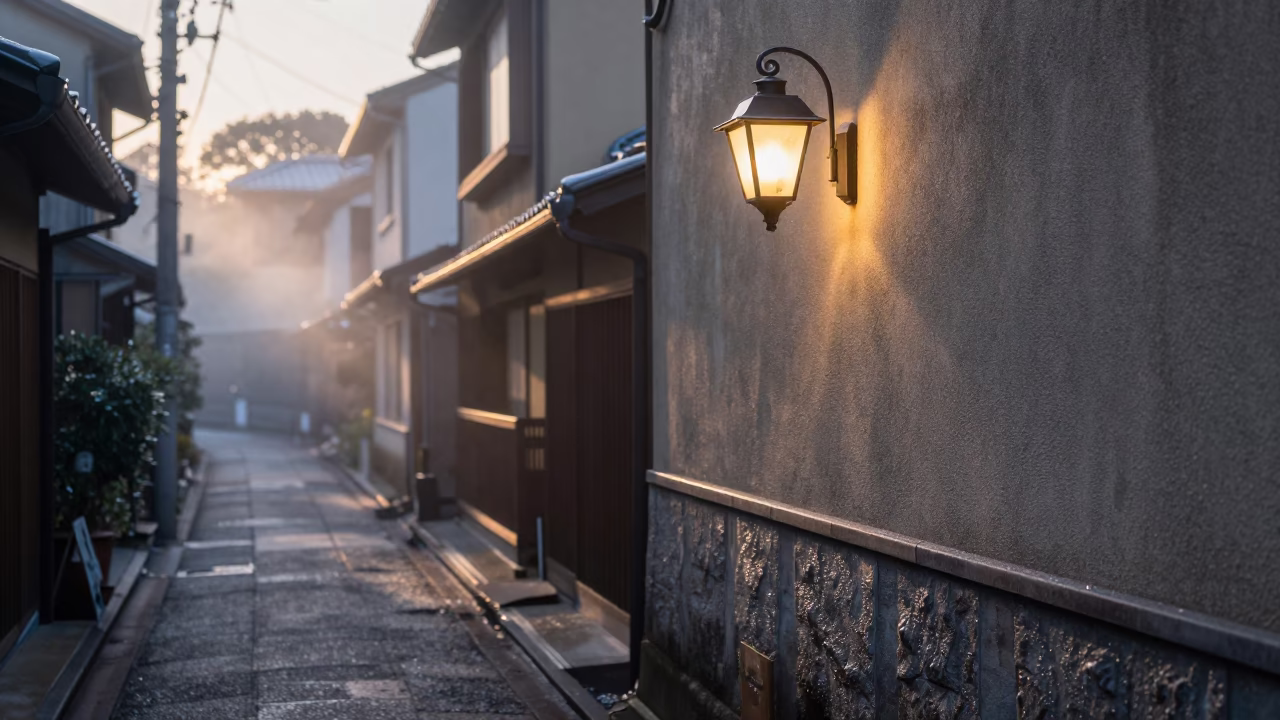 Dawn Light in Fukuoka Alleyway with Condensation and Vintage Lamp in in Fukuoka, Japan