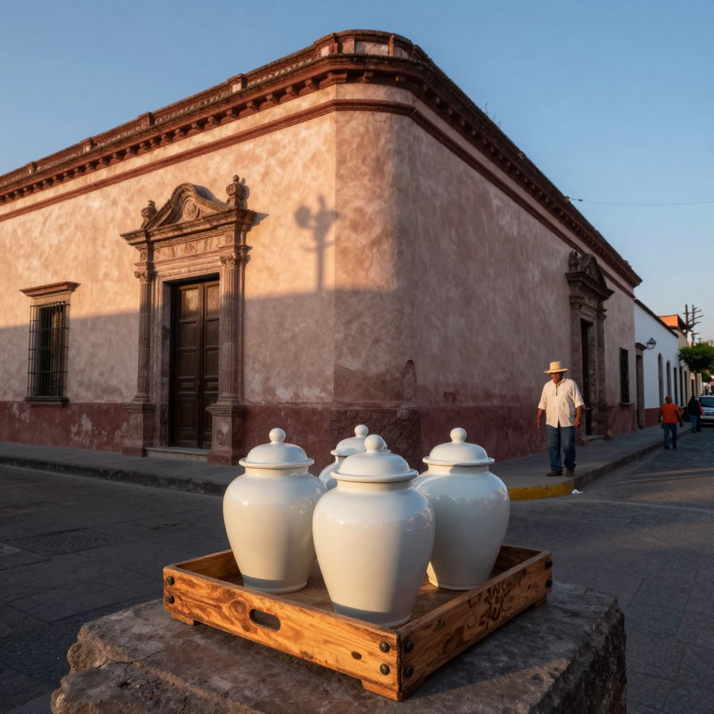 Dawn Light in Guadalajara Mexico Porcelain Jars on Wooden Tray Outside Colonial Building in in Guadalajara, Mexico