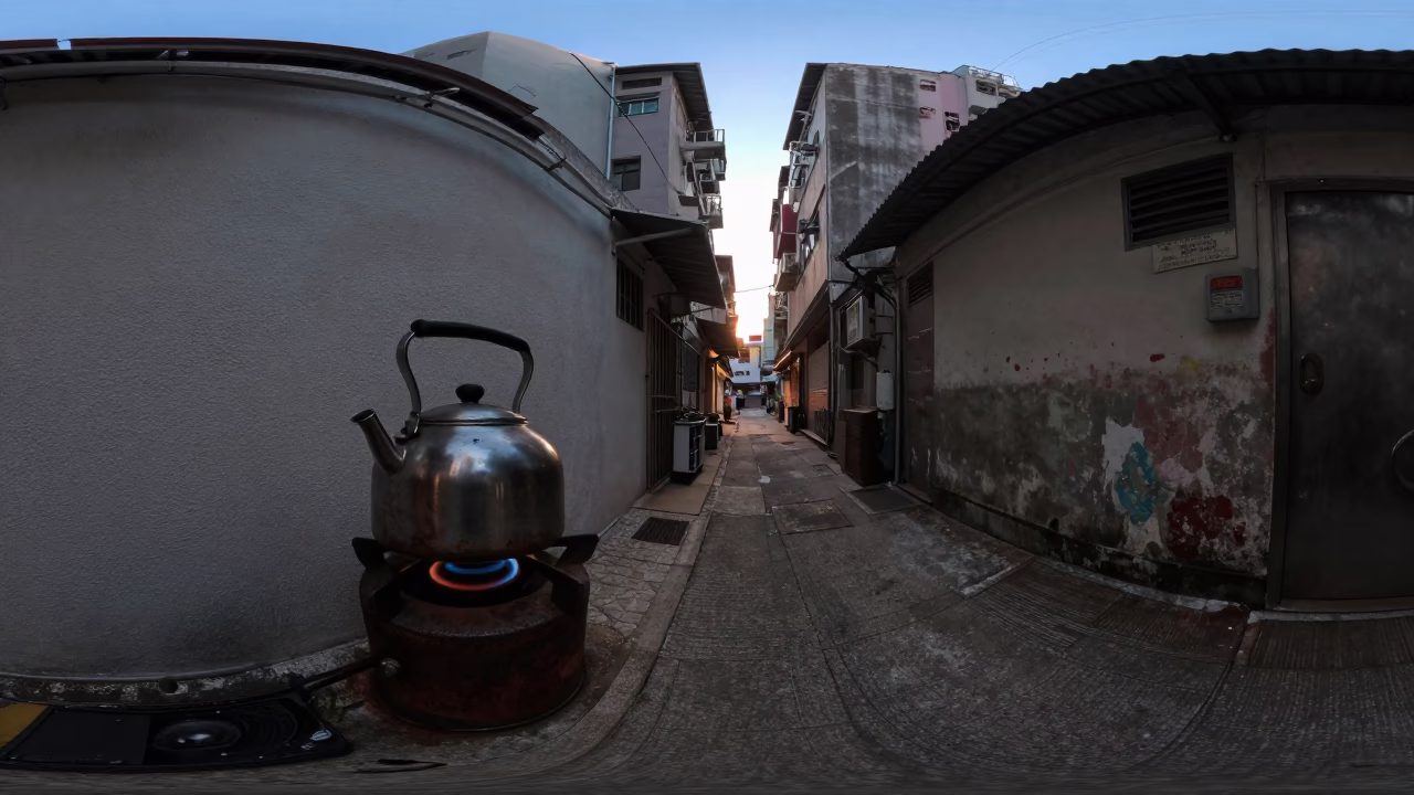 Dawn Light in Hong Kong Alleyway with Kettle and Paint Flecks in in Hong Kong, Hong Kong
