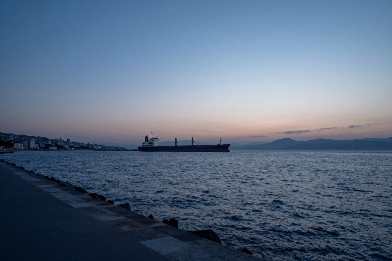 Dawn Light in Izmir Turkey Revealing Cargo Ship Horizon and Local Street Life in in Izmir, Turkey