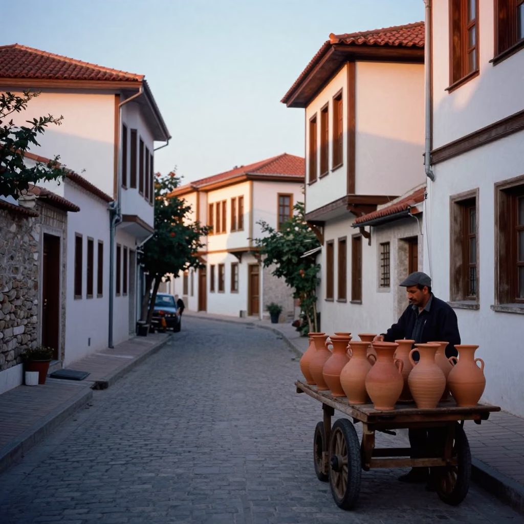 Dawn Light in Izmir Turkey Street Scene with Clay Pots and Local Morning Activity in in Izmir, Turkey