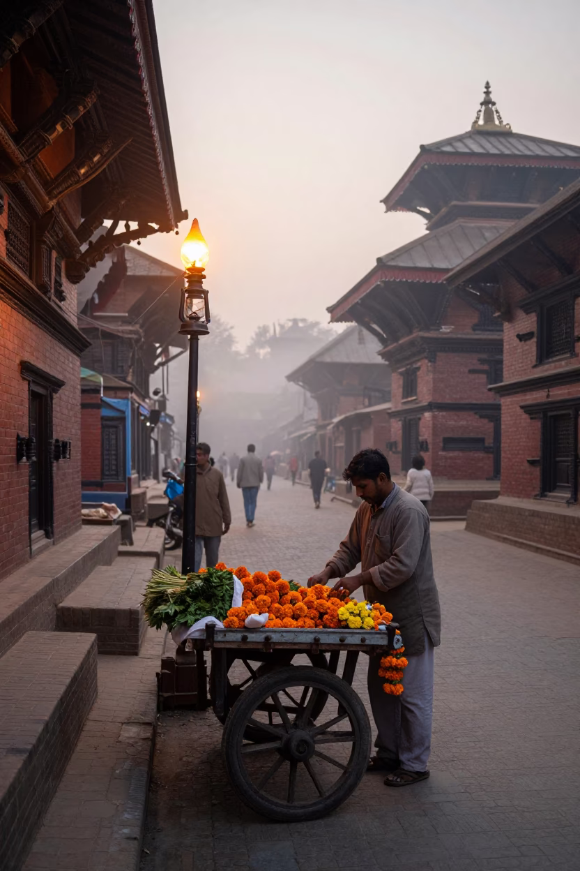 Dawn Light in Kathmandu Nepal Street Scene with Oil Lamp and Flowering Plant in in Kathmandu, Nepal