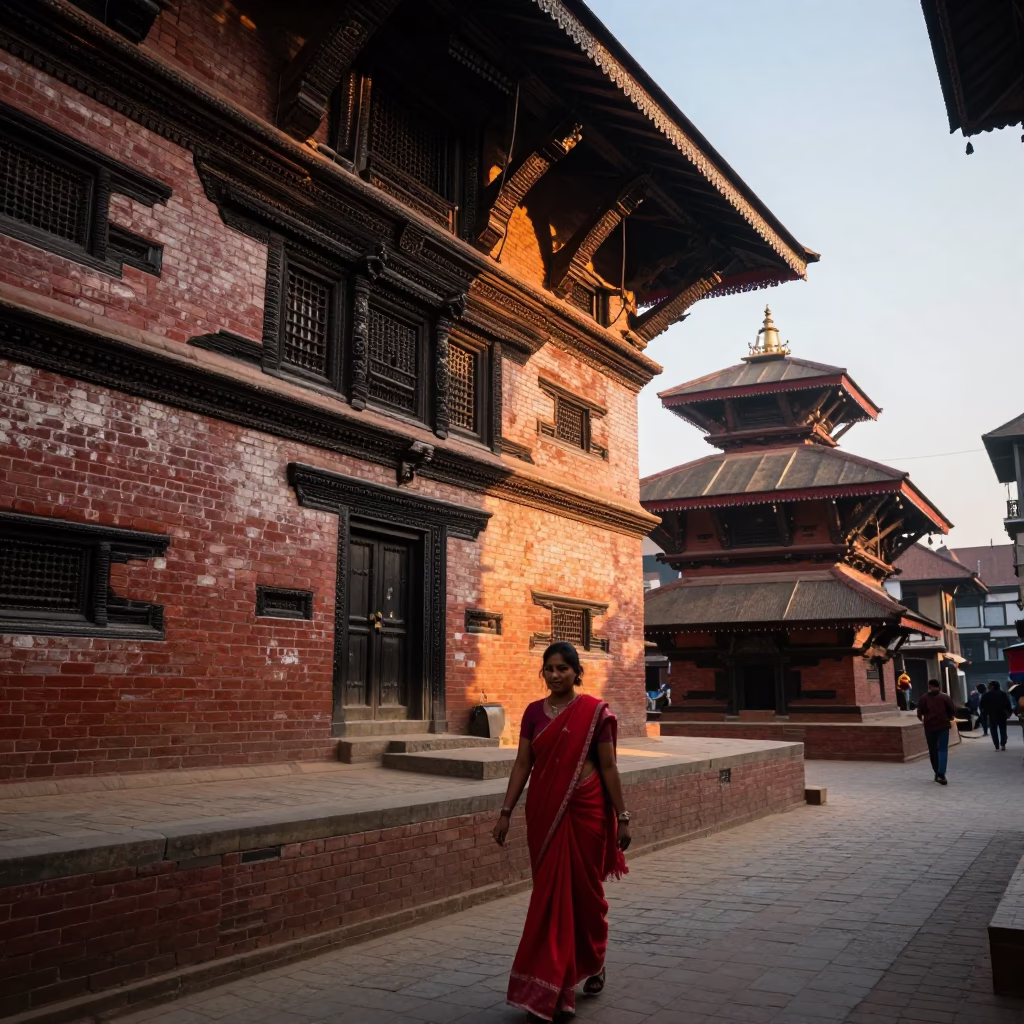 Dawn light in Kathmandu Nepal street scene with traditional architecture and early morning activity in in Kathmandu, Nepal