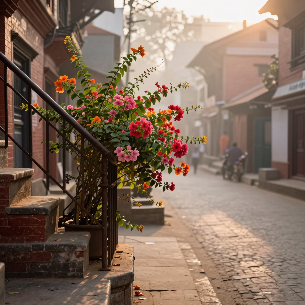 Dawn Light in Kathmandu Street Scene with Flowering Plant and Stair Rail in in Kathmandu, Nepal