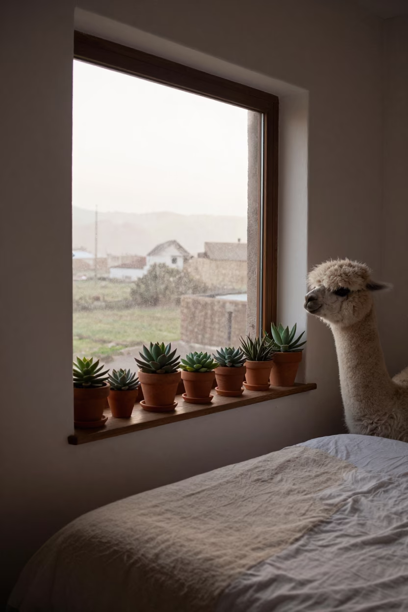 Dawn Light in Lima Peru Bedroom with Succulents and Alpaca Wool Crafting in in Lima, Peru