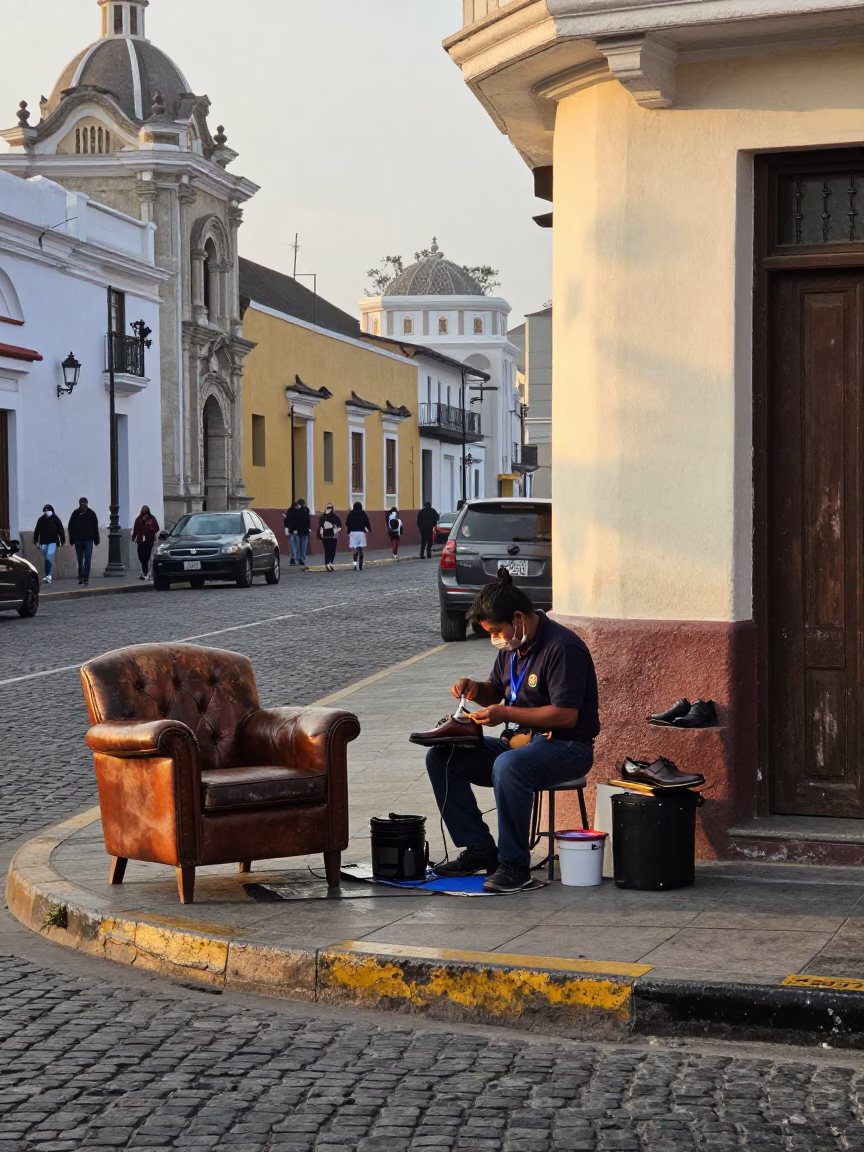 Dawn Light in Lima Peru Street Corner Shoe Shine Service in in Lima, Peru