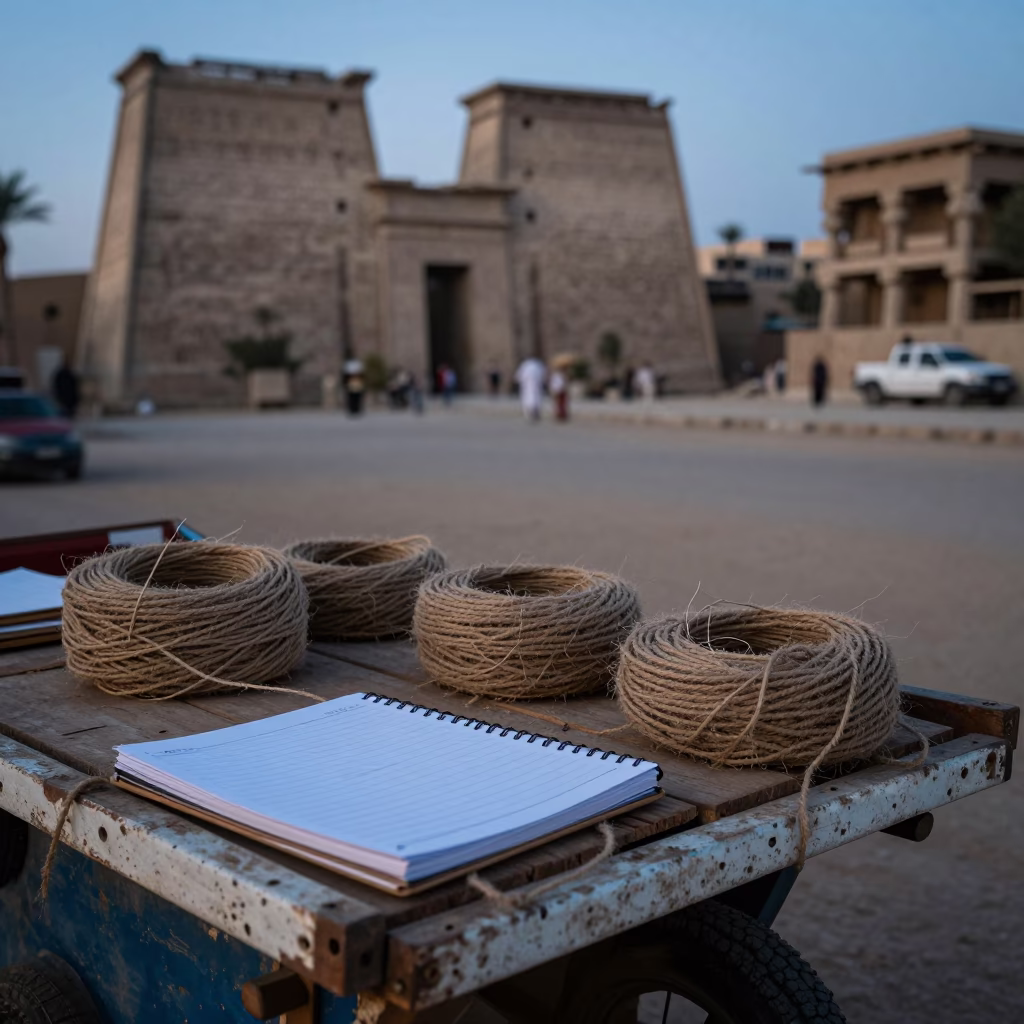 Dawn Light in Luxor Egypt Street Vendor with Notebook and Twine in in Luxor, Egypt