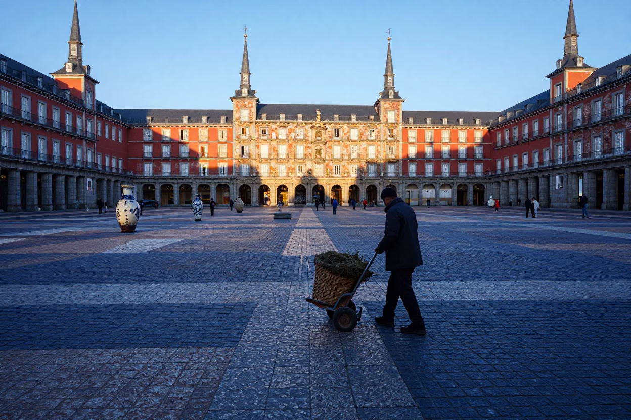 Dawn light in Madrid plaza with ceramic vase and street cleaning cart in in Madrid, Spain