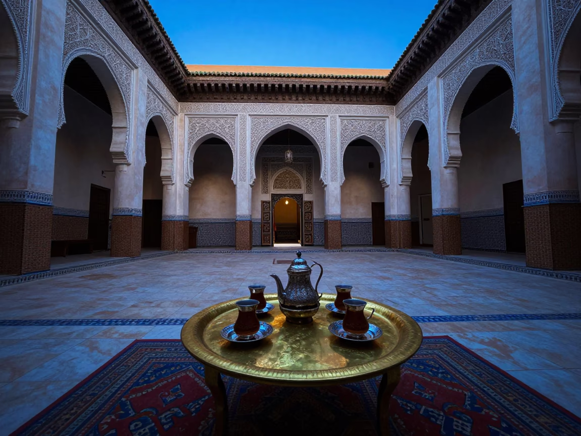 Dawn Light in Marrakech Medina Courtyard with Traditional Tea Service and Stone Architecture in in Marrakech, Morocco