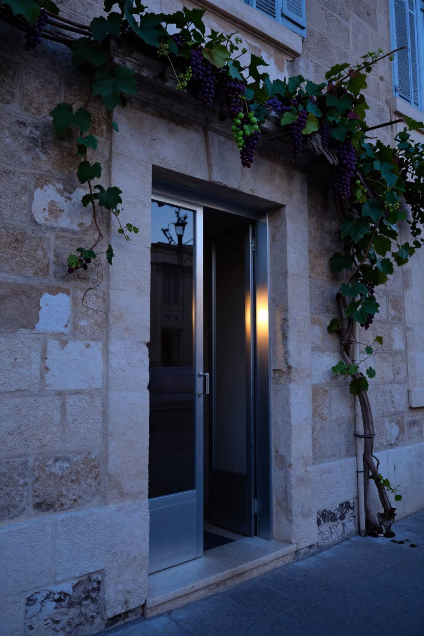 Dawn Light in Marseille France Revealing Brushed Steel Doorframe and Grapevine Clusters in in Marseille, France