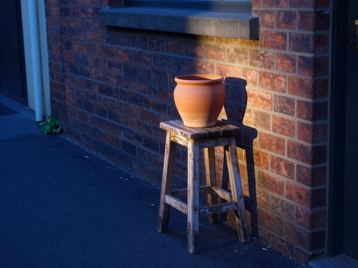 Dawn Light in Melbourne Victoria Australia with Clay Pot and Kitchen Stool in in Melbourne, Victoria, Australia