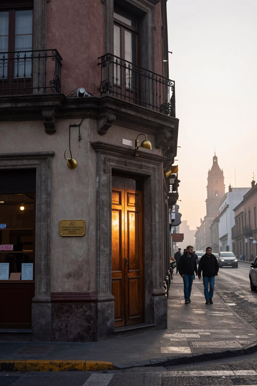 Dawn Light in Mexico City Street Corner with Brass Fixtures and Local Morning Activity in in Mexico City, Mexico