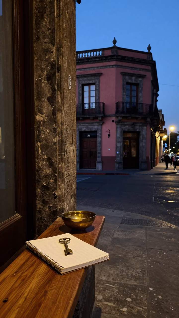 Dawn Light in Mexico City Street Corner with Notebook and Key Bowl in in Mexico City, Mexico