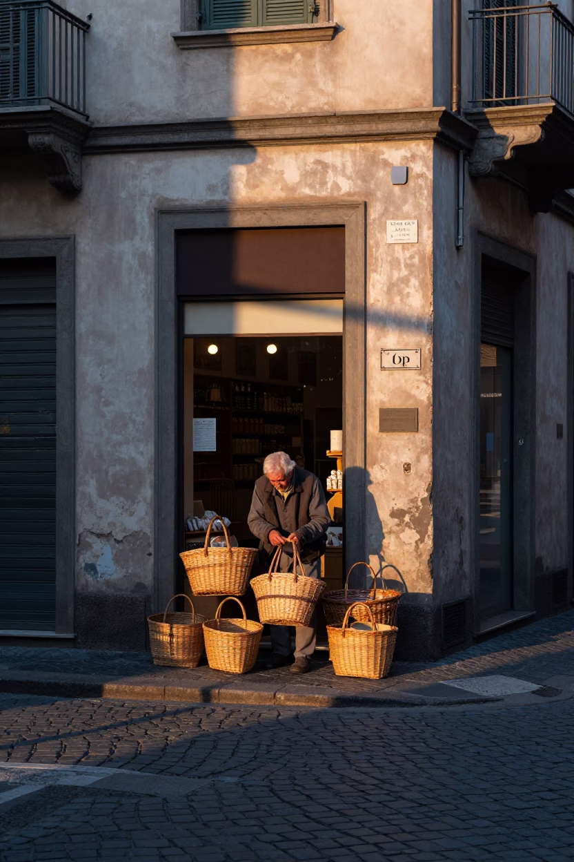 Dawn Light in Milan Italy Street Scene with Woven Baskets and Rosemary in in Milan, Italy