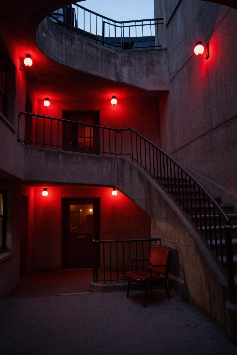 Dawn light in Montreal stairwell with red bulbs and vintage chair in in Montreal, Quebec, Canada
