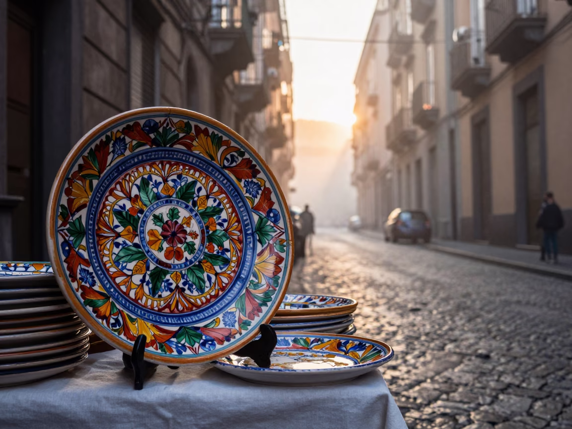 Dawn Light in Naples Italy Street Scene with Vintage Majolica Plate and Rain Boots in in Naples, Italy