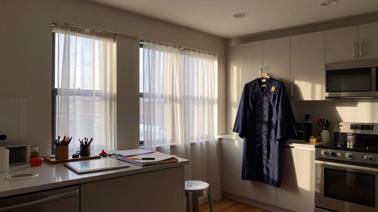 Dawn Light in New York City Apartment with Graduation Gown and Persimmons in in New York, New York, United States