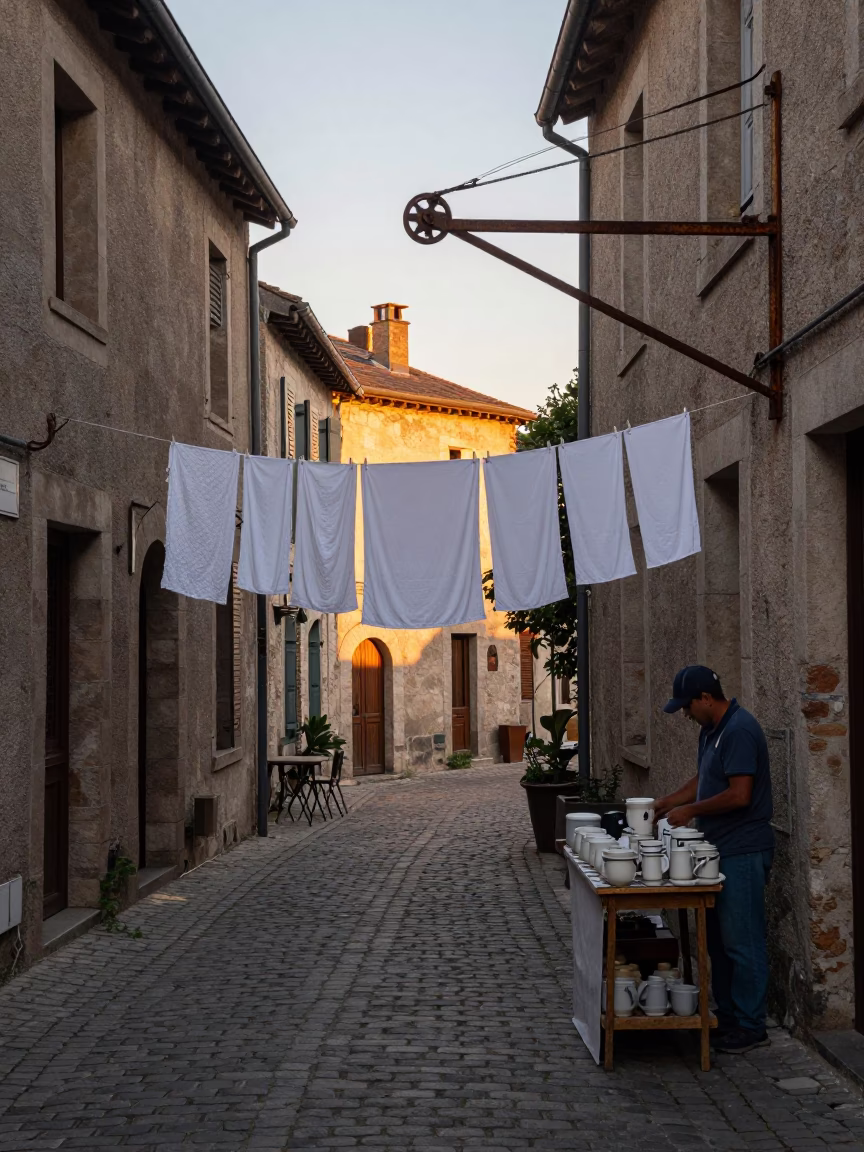 Dawn Light in Nice France with Laundry and Cobblestones in in Nice, France