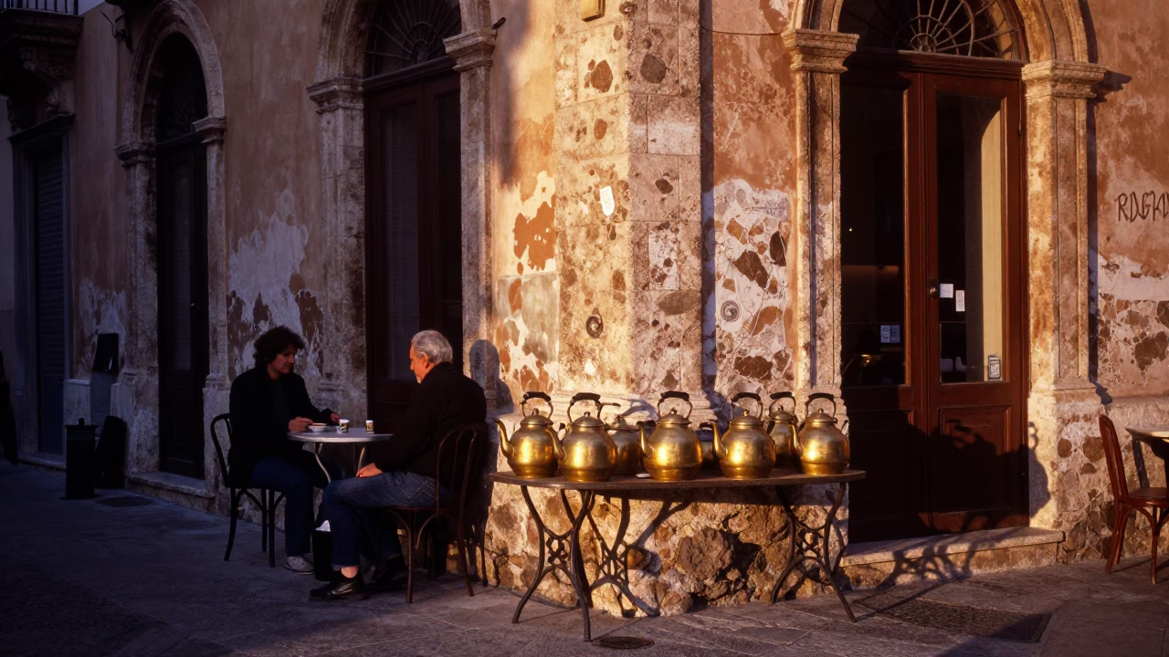 Dawn Light in Palermo Italy Street Corner with Tea Kettles and Wisteria Pergola in in Palermo, Italy