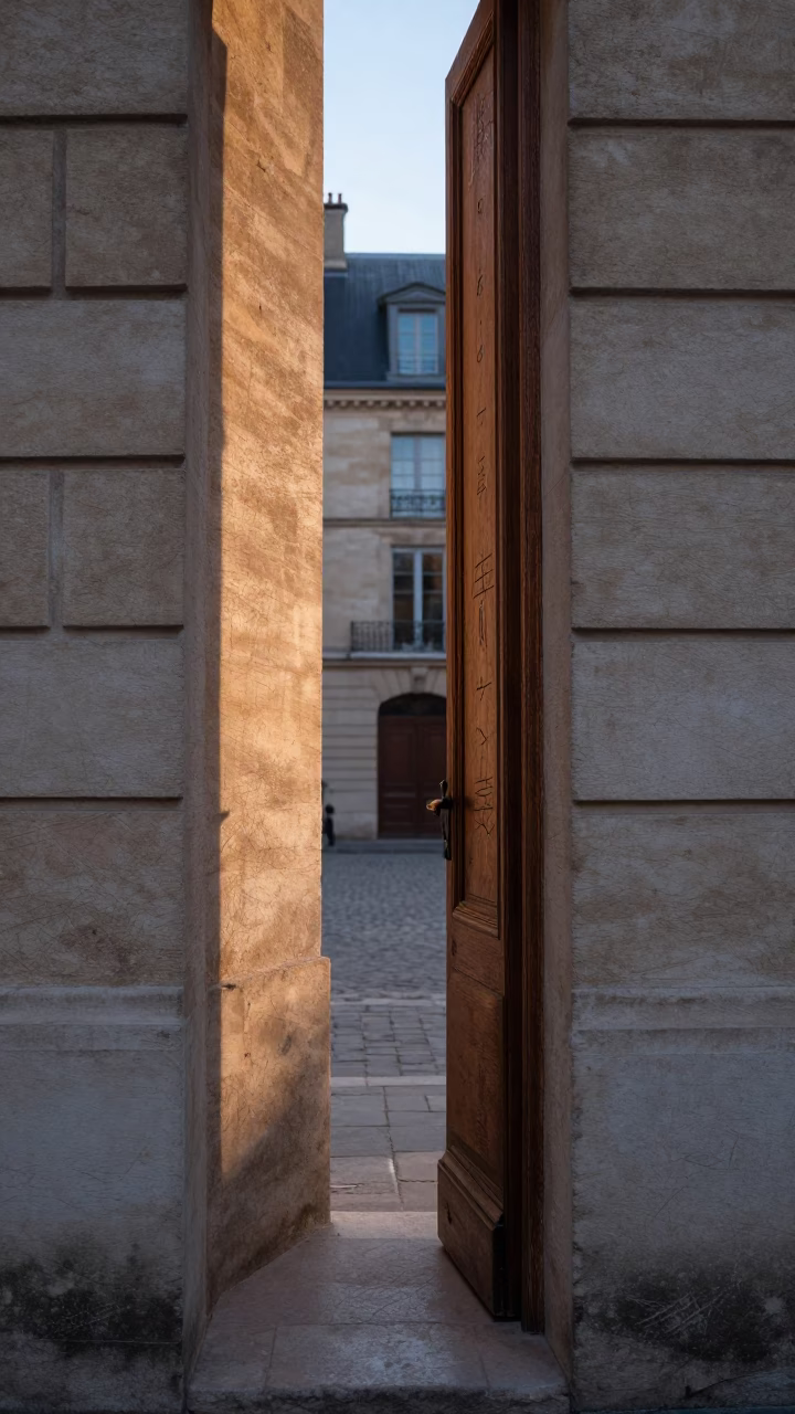 Dawn Light in Parisian Courtyard Revealing Scratches on Old Doorframe and Morning Routine in in Paris, France