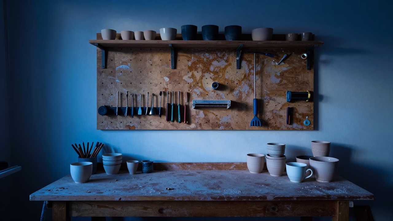 Dawn Light in Philadelphia Workshop With Ceramic Cup and Tool Pegboard in in Philadelphia, Pennsylvania, United States