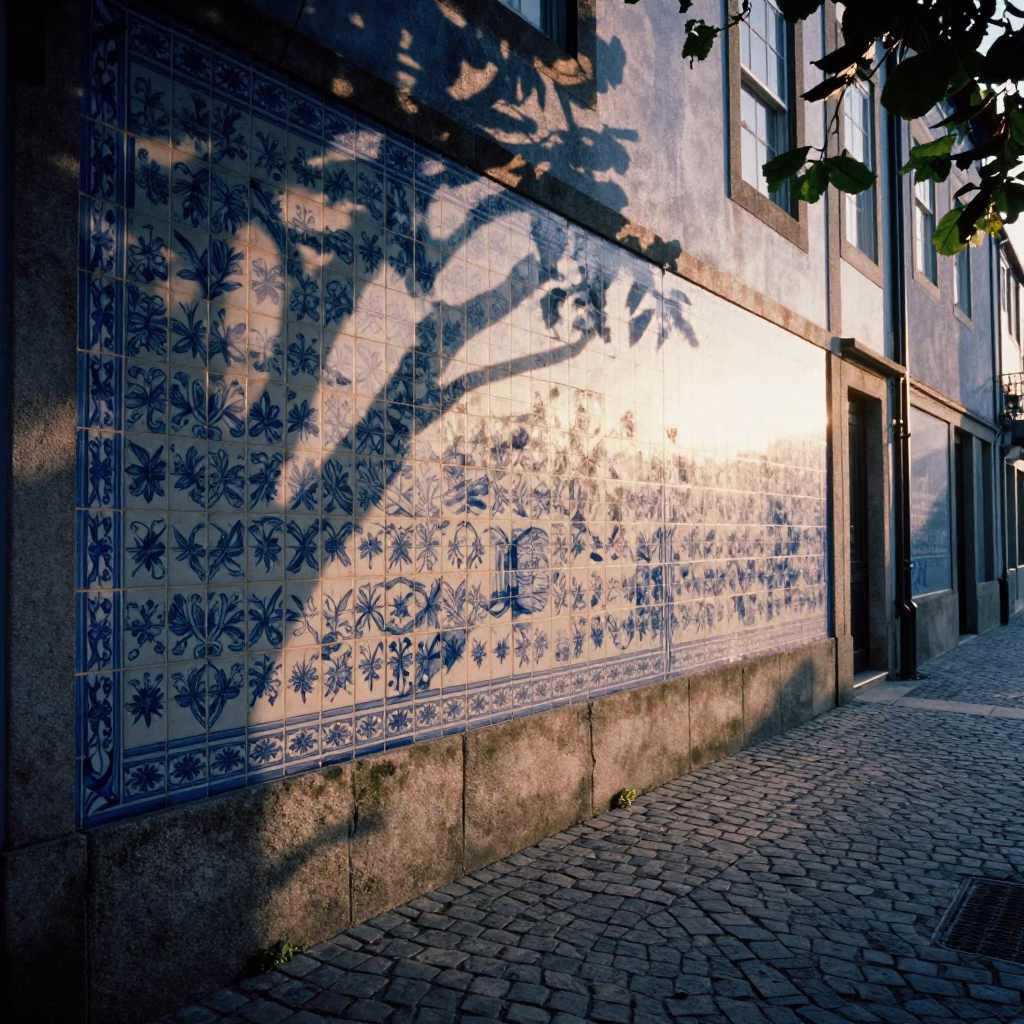 Dawn light in Porto Portugal leaf shadows on traditional azulejo tiles in in Porto, Portugal