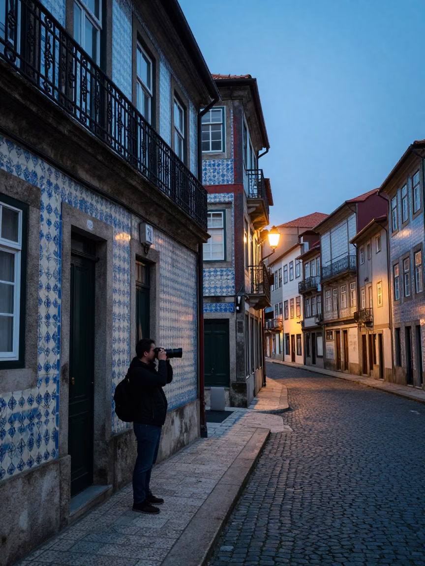 Dawn Light in Porto Portugal Street Photographer Raising Camera Amidst Morning Commute in in Porto, Portugal